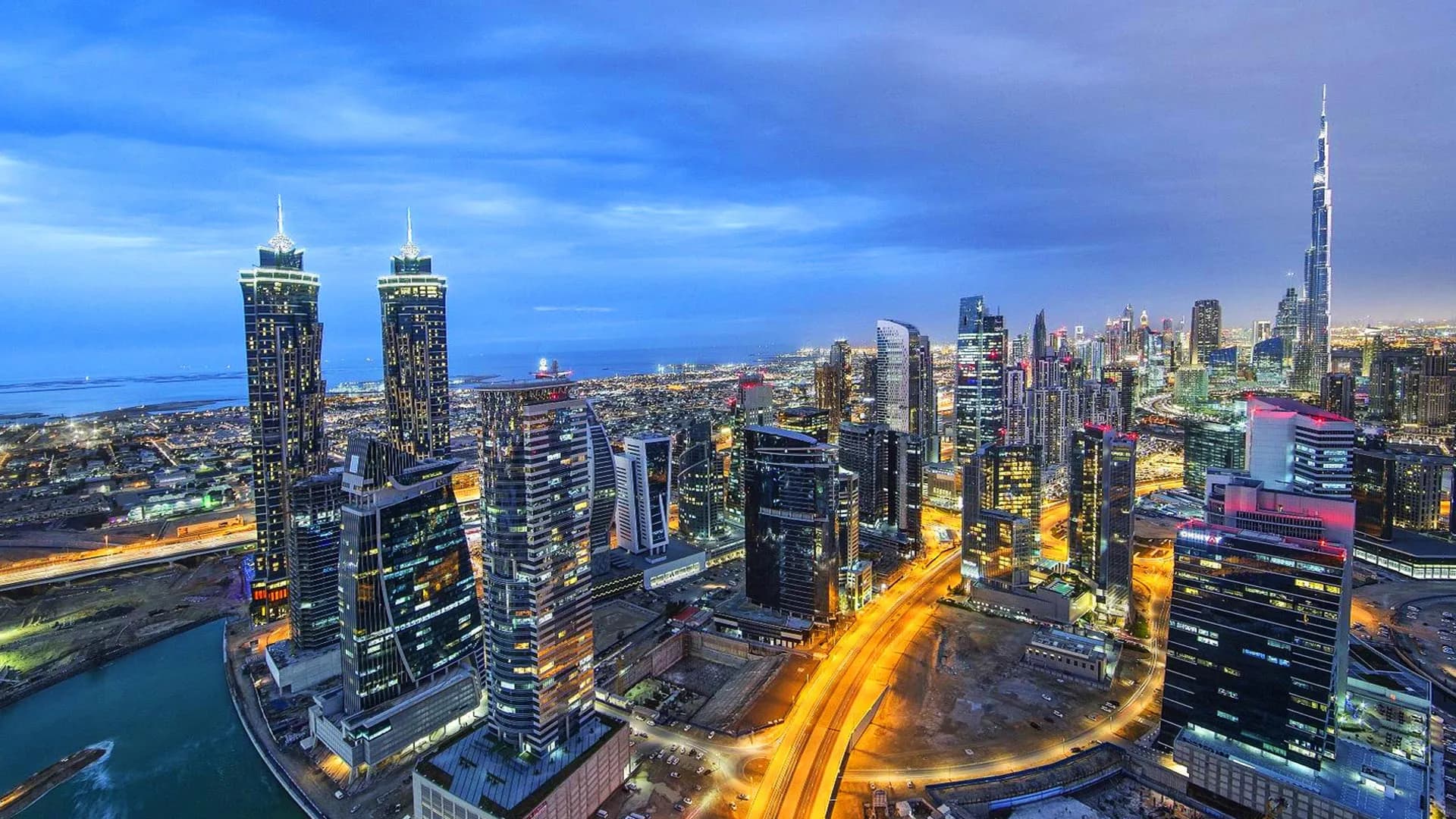 Dubai skyline at dusk, United Arab Emirates