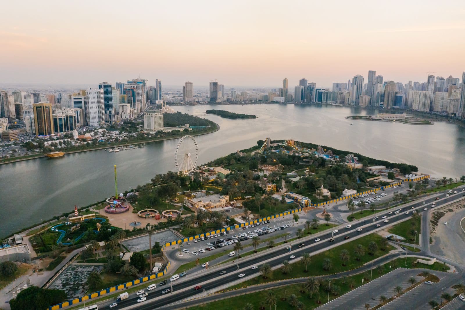 Aerial view of the Sharjah skyline and lagoon, United Arab Emirates